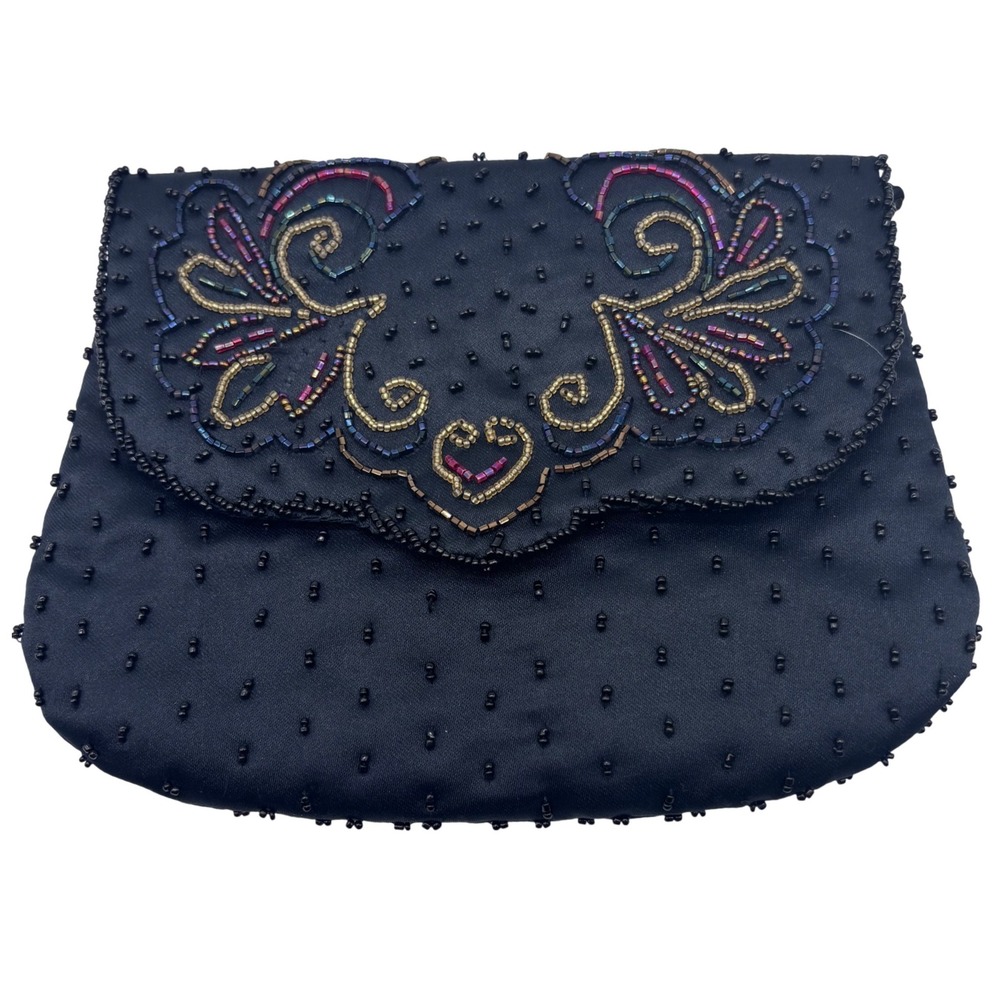 Vintage LeRegale Black Satin Beaded Evening‎ Clutch Bag Flap Formal Wedding Bag